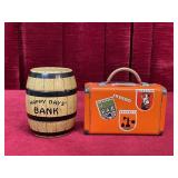 Tin Barrel & Suitcase Coin Banks - No Key