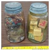 Jewelry, toy blocks and 2 rare old fruit jars