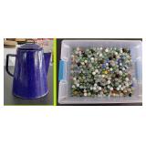 Blue spatter enamelware cowboy coffee pot  MARBLES