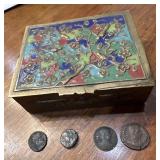 4 ancient bronze coins & cloisonne enameled box