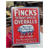 FINCK'S OVERALLS porcelain rack sign w pig