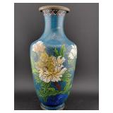 CLOISONNE large 10" enameled vase Peonies