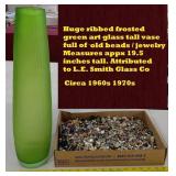 19.5"  TALL green ribbed torpedo vase & contents