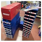 LARGE ASSORTMENT OF HARDWARE WITH BINS (ASSORTMENT OF NUTS, SCREWS, ETC.)