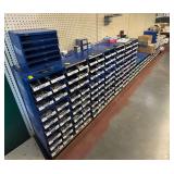 LARGE ASSORTMENT OF HARDWARE BINS WITH CONTENTS (BOLTS, ANCHORS, ETC.)