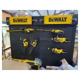 DEWALT DISPLAY SHELF WITH CONTENTS (6 CHAINSAWS, 2 HEDGE TRIMMERS, ETC.)