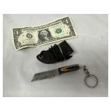 Damascus Steel Pocket Knife W/ Sheath & Keychain
