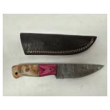 Damascus Steel Knife W/ Sheath and Wood Handls