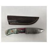 Damascus Steel Knife W/ Sheath and 2 Tone Wood