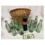 Wooden Basket and 10 Vintage Coke Bottles