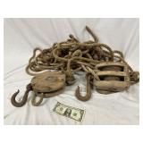 Antique Wooden Pulley WIth Rope