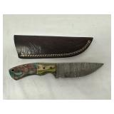 Damascus Steel Knife W/ Sheath and 2 Tone Wood