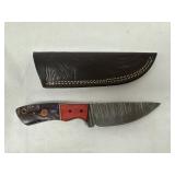 Damascus Steel Knife W/ Sheath and 2 Tone Wood