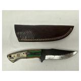 Forged Steel Knife W/ Leather Sheath W/ Green Wood