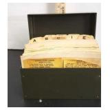 Metal recipe box.