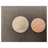 1872 shield nickel, good but with environmental damage
