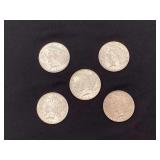 (5) 1922 Peace silver dollars