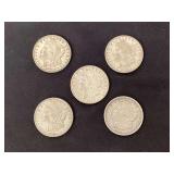 (5) 1921D Morgan silver dollars