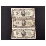 (3) 1934 A, C and D Federal Reserve $20 bills (2) Kansas City and 1 San Francisco