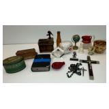 Book bank with key, globe pencil sharpener, piggy bank