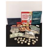 Spending cash, bills and coins, bank bags