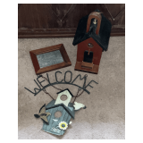 School birdhouse, Welcome sign, tin art picture.