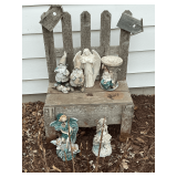 Wood bench 36' T, yard art statues, fairies, angels, etc.