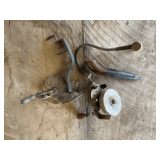 Vintage hand grinder, dibbler, New Standard No. 70 cherry pitter, hay hook