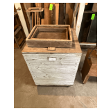 Large wooden box with hinged lid, 27' W x 25' D x 35' T