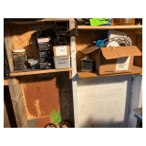 Assortment of hardware, electrical supplies, peg hooks