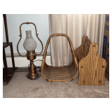 Brass lamp and magazine racks.