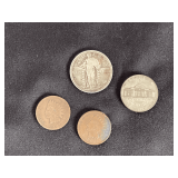 2 Indian head pennies, wartime silver nickel, standing liberty silver quarter