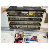 Metal Weatherhead parts cabinet with electrical hardware, screws, nails, staples, etc.