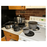 Stock pot with steamer basket, pots and pans