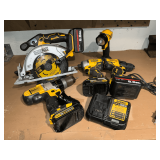 DeWalt 20V drills, 6 1/2' circular saw, flashlight, charges and batteries