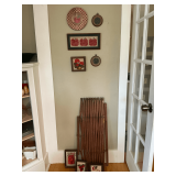 Antique child's wooden safety gate, wall décor, framed needlework