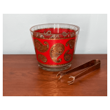 Signed Culver Red Paisley ice bucket and tongs