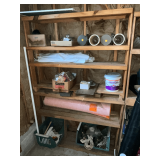 Shelf 47' W x 12' D x 72' T and contents, wall sconces, plumbing parts, roofing nails, bins
