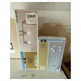 Hampton Bay 66' T floor lamp and Albona 3-light vanity fixture