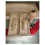 Stone vase with brass top, wall plaques 11' x 31', soap dish.