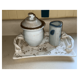 Pottery tray (12 1/2' x 9 1/2'), vase and jar with lid
