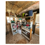 Large assortment of holiday decorations, (2) 4' x 18' x 74' shelving units