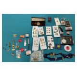 Tack pins, Westclok pocket watch, No. 44 Falcon Stub, etc.