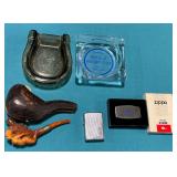 Smoking accessories, ash trays, Zippo lighter and knife, vintage hand carved pipe