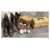 Fenwick 1080 tackle box and contents, gun cleaning supplies