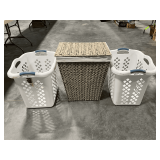 Woven laundry hamper, 23" T and plastic baskets
