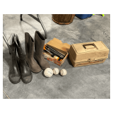 Fenwick 1080 tackle box and contents, gun cleaning supplies