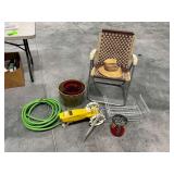 Rain Train, hose, planters, peg hooks, lawn chair, etc.