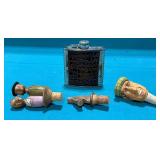 6 oz flask and three hand carved bottle stoppers