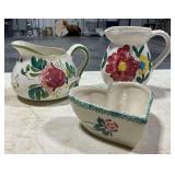 Pair of hand decorated pitchers and a heart shaped bowl